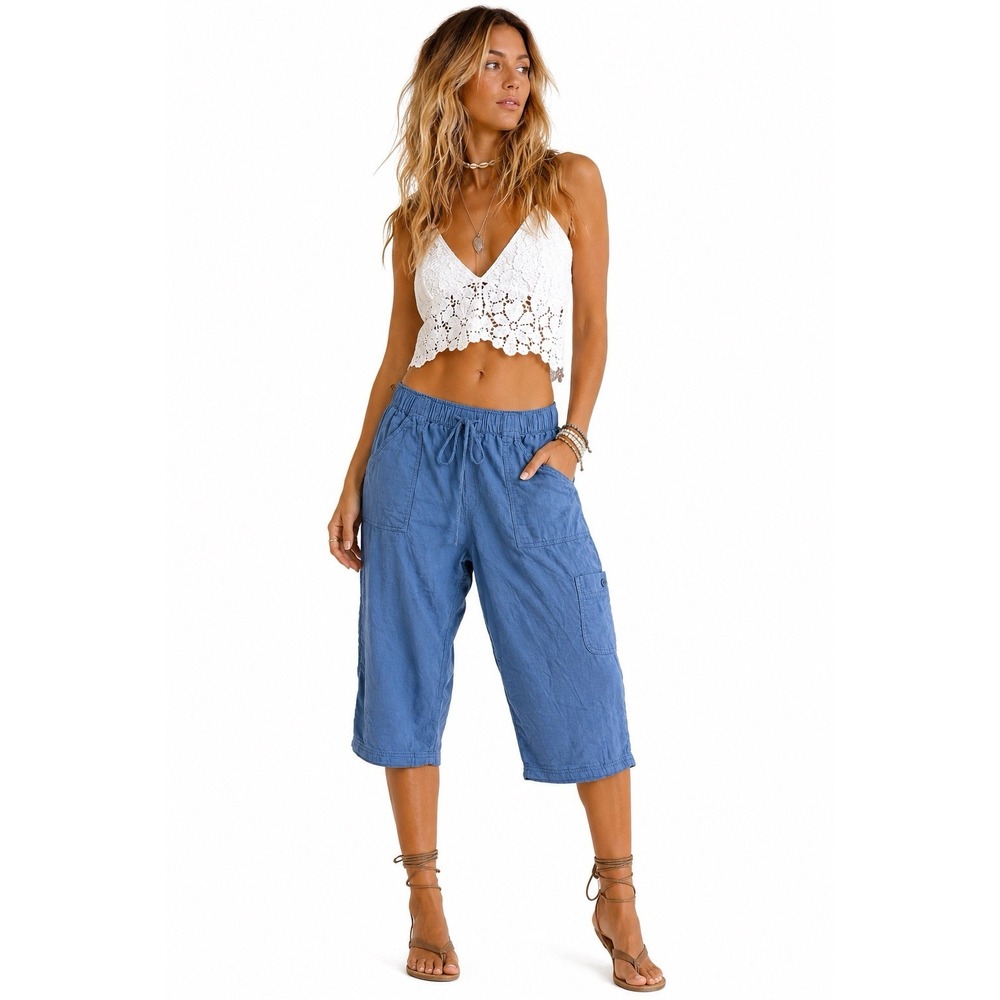 100% Cotton Cargo Capri Pants PXL Blue Y2K Baggy Boho Utility Lagenlook